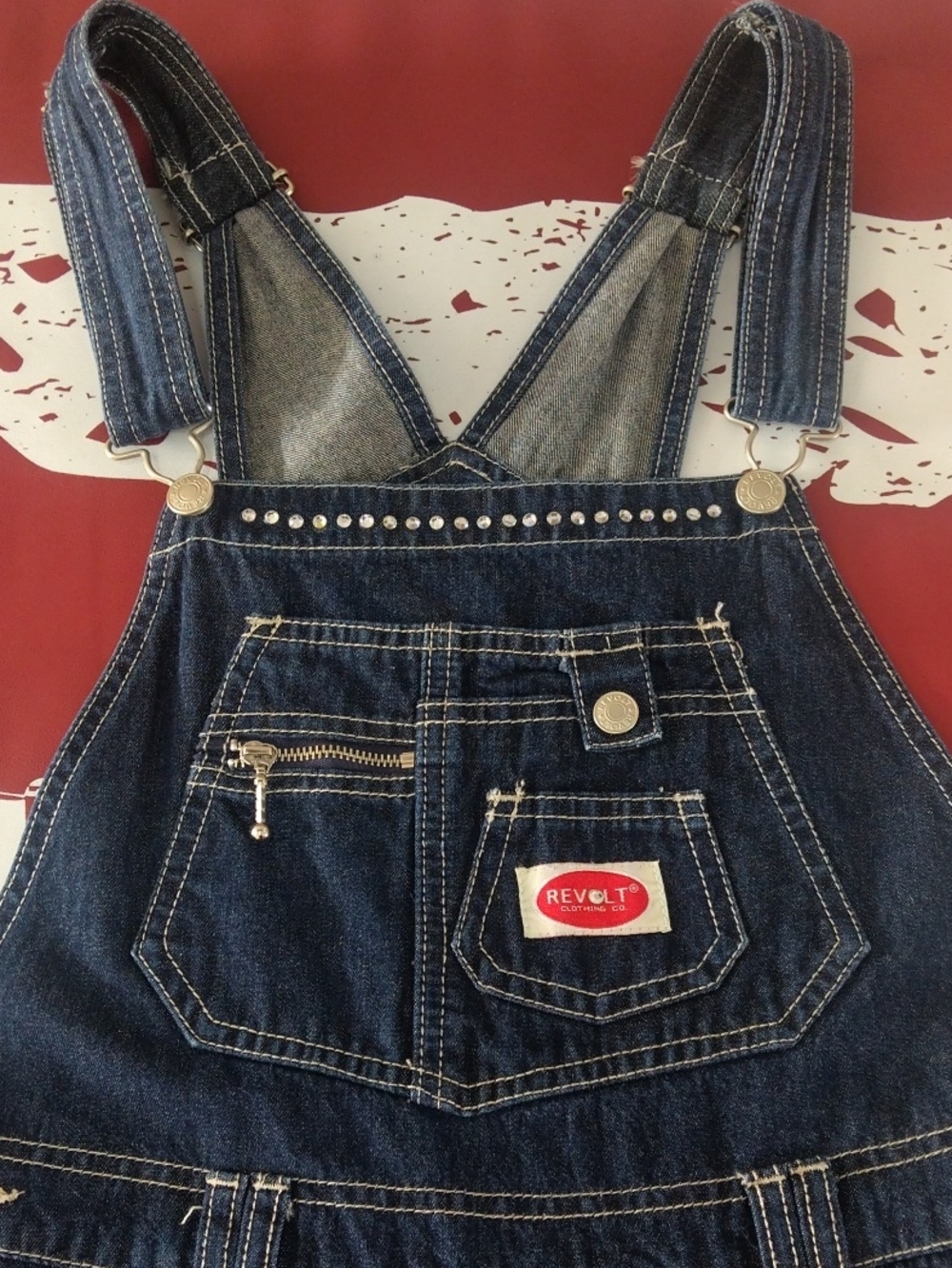 Revolt Dark Indigo Denim Women's Overalls with Crystal Stud Detail